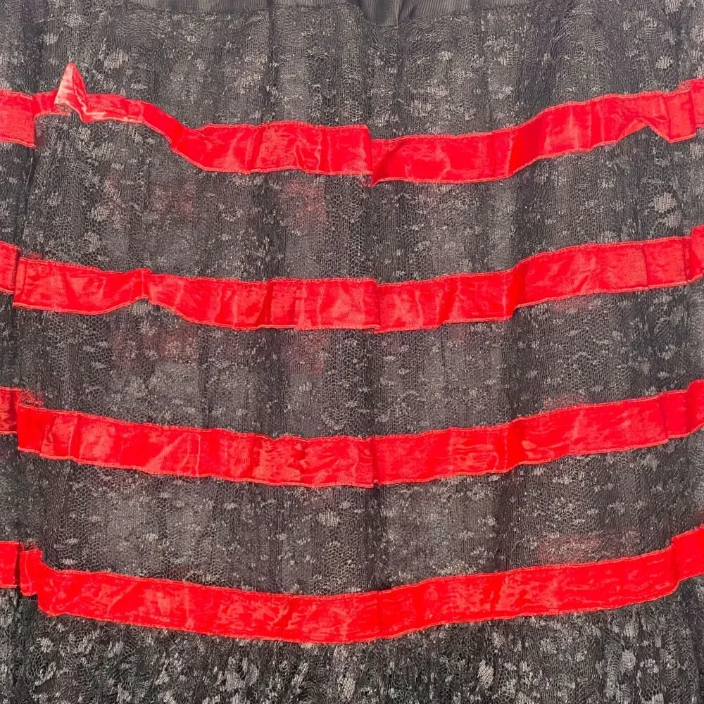 Vintage 50s Size Small Black Lace Can Can Crinoline Half Slip Womens Red Ribbon - Picture 3 of 8